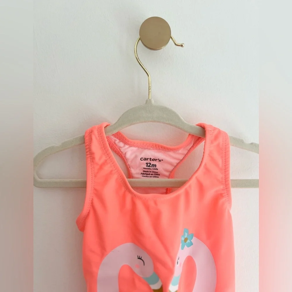 Carter's Coral Peachy Orange Flamingo Swimsuit with Ruffles Baby 12-18 Months - Picture 3 of 4
